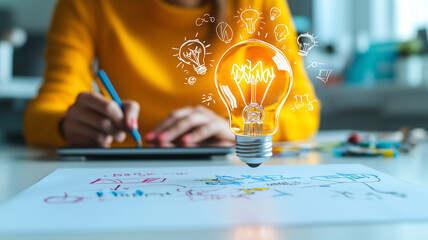 business woman is using tablet while sketching creative ideas on paper, surrounded by colorful drawings and light bulb illustrations symbolizing innovation and inspiration