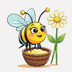 A cute cartoon illustration features a yellow basket with spring flowers and a happy chick, bee, and other funny baby animals in a nature setting with daisies
