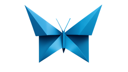 A close up of a vibrant blue origami butterfly against a stark black background image view