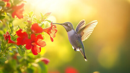 Fototapeta premium A hummingbird hovers near a bright red flower, sipping nectar in the warm sunlight.