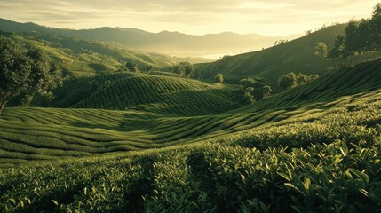 Obraz premium Serene tea plantations at sunrise mountain range nature scene tranquil landscape wide angle scenic beauty