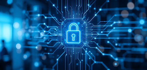 Abstract minimalist cyber protection lines in network style with glowing points in dark blue gradient background, with digital lock on the middle, on a transparent blurred glass board,