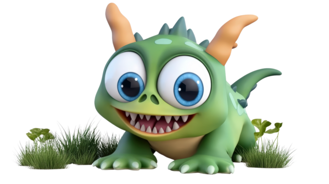 A whimsical green monster character with big eyes and a wide mouth capturing the imagination of children and adults alike isolated on transparent background..