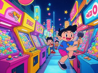 Anime boy swings mallet at arcade game in vibrant city night with starlit sky