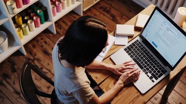 Woman artisan typing on laptop and managing online orders in her workshop