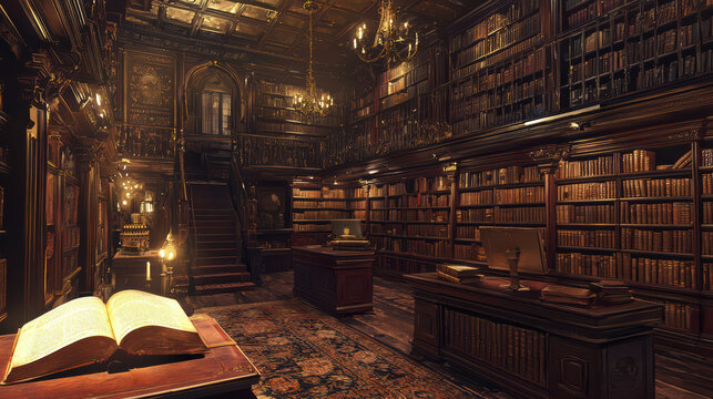 Golden Chamber of Wisdom: An awe-inspiring library, bathed in warm, inviting light, showcases countless volumes, intricate architecture and the allure of knowledge.