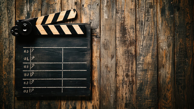 Movie Magic on Wood: A classic clapperboard rests against a weathered wooden surface, a symbol of cinematic creativity and storytelling. The scene evokes anticipation and the charm of film production.