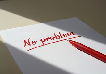 A bold declaration of "No Problem" written in elegant red script on crisp white paper bathed in soft sunlight.
