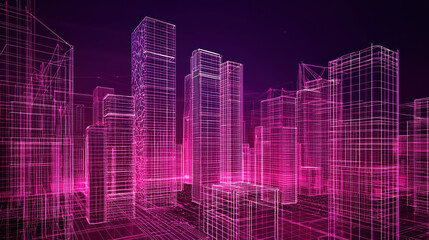 Fototapeta premium Neon Cityscape: Futuristic metropolis, showcasing the architectural outlines of numerous skyscrapers. This visual piece presents the cityscape in a vivid and modern manner.