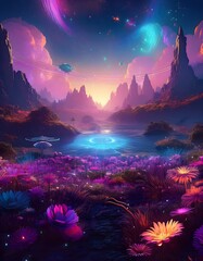 Obraz premium Spaceships flying over a beautiful alien planet with glowing flowers