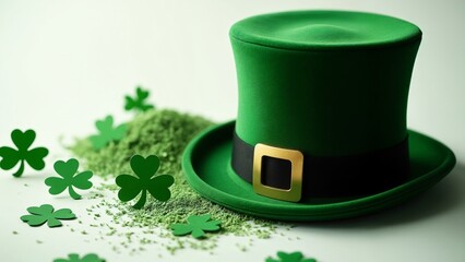 A green top hat with a gold buckle on top of it.