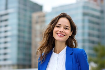 Smiling woman in blue jacket poses against city office buildings, lifestyle image