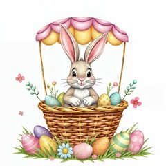 Cute bunny in a basket with colorful eggs and flowers for Easter celebration Generative AI