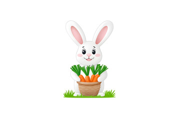 Cute watercolor cartoon bunny rabbit holding a basket full of carrots