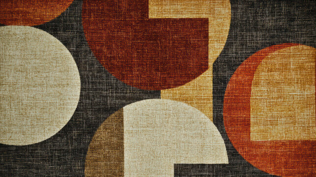 Geometric Shapes in Fabric: A close-up view of a vibrant textile, showcasing bold geometric shapes in shades of red, gold, and brown. The textured fabric creates a rich interplay of color and form.