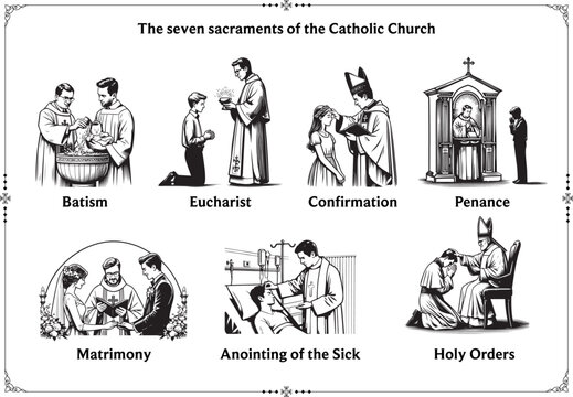 The seven sacraments of the Catholic Church - Vector - Engraving Style