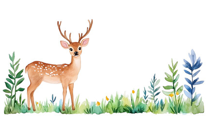 Fototapeta premium A watercolor cartoon frame with cute deer with copy space for text