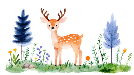 A watercolor cartoon frame with cute deer with copy space for text