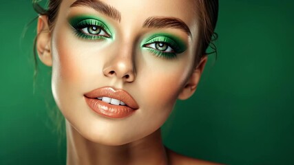 A makeup tutorial focusing on bold green eyeshadow combined with glossy lips for a high fashion appearance
