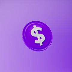 Coin icon with dollar sign isolated over purple background. 3d rendering.