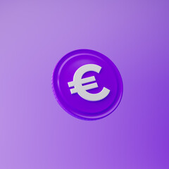 Coin icon with euro sign isolated over purple background. 3d rendering.