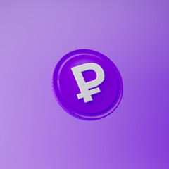Coin icon with ruble sign isolated over purple background. 3d rendering.