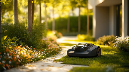A robotic lawn mower, suburban garden with digital mapping, Smart home tech style