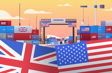 Trade war concept shipping containers port scene with UK and US flags cranes cargo containers sunset background international trade conflict