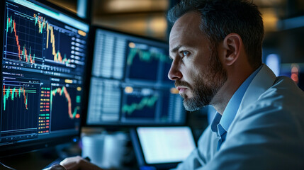 A stock trader monitors market fluctuations on multiple screens in a financial office.