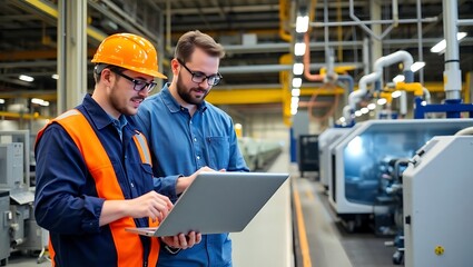 Engineers Analyzing Production Data in High-Tech Factory, Modern Industrial Teamwork on Manufacturing Floor, Technicians Collaborating in Automated Facility with Machines