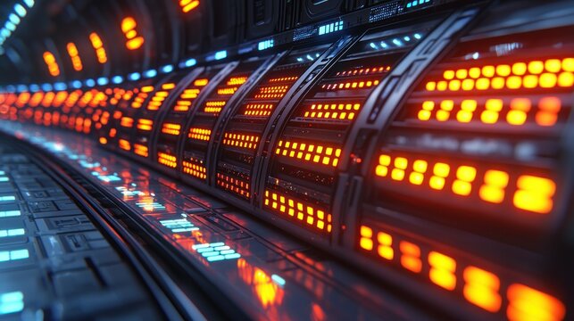 Servers Detailed view of illuminated computer server racks in a dark, futuristic corridor