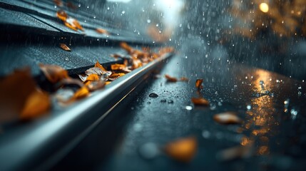 Autumn rain on rooftop gutter