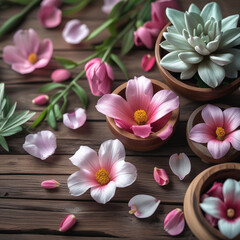 Fototapeta premium Pink Flowers and Succulents in Wooden Bowls – Rustic Floral Flat Lay on Wooden Background