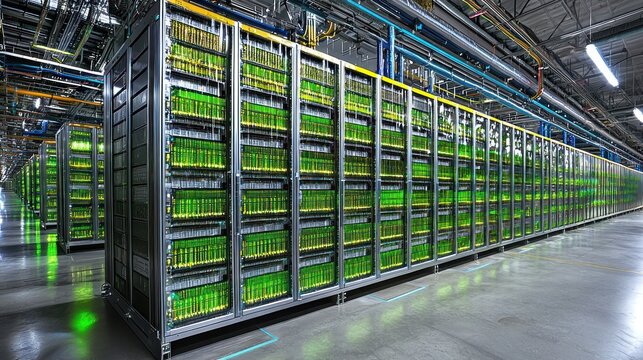 Server racks glow green in a long corridor, filled with electronics in data center