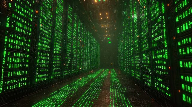 Servers glow green in a data center aisle, creating a futuristic look