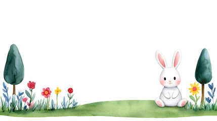 A watercolor cartoon frame with cute bunny sitting on grass with copy space for text