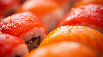 Extreme macro close-up of sushi showcasing warm colors reds, oranges, and yellows. Small subject details are emphasized.jpg