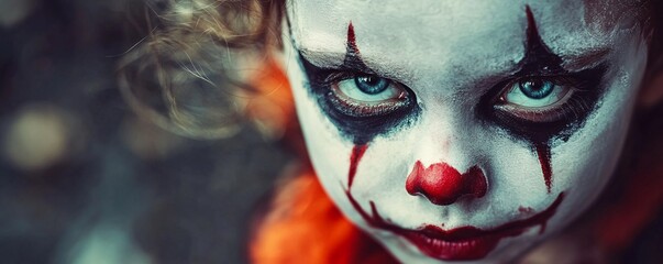 Young girl is dressed up as a scary clown for halloween