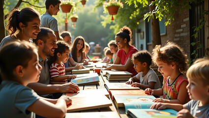 Obraz premium A charming outdoor book fair unfolds amidst a lush, verdant setting, engaging adults and children in a delightful celebration of literature and community spirit