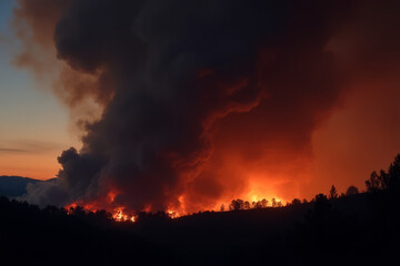 Fototapeta premium The image shows a large plume of smoke rising over a forest at sunset
