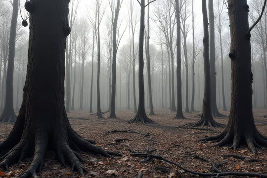 The image shows a foggy forest with tall trees in the middle of it. The ground is covered with dried leaves and twigs