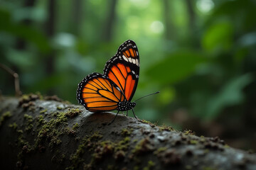 Fototapeta premium The image shows a monarch butterfly perched atop a tree branch
