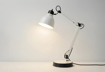 A white lamp with a black shade is turned on