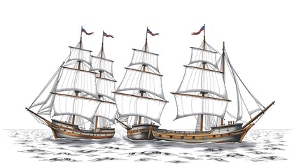 Fleet of vintage sailing vessels afloat, navigating the open sea watercolor illustration