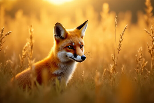 The image shows a red fox sitting in a field of tall grass at sunset