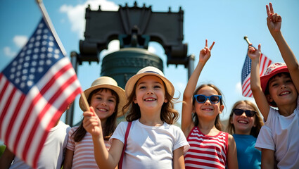 Celebrating Freedom, A Group of Joyful Children Holding American Flags and Cheering in Front of a Historic Monument on a Sunny Day