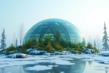 Obraz premium The image shows a glass dome building situated in the middle of a snowy field