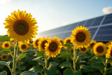 Obraz premium The image shows a field of sunflowers with solar panels in the background