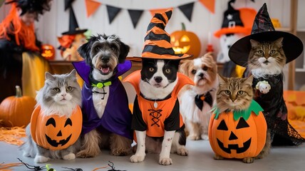 Fototapeta premium Adorable pets dressed in Halloween costumes for a fun, festive competition. Perfect for pet, holiday.