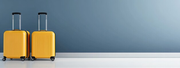 Two bright yellow suitcases stand on a polished floor, positioned side by side against a plain blue wall in a modern setting, suggesting readiness for travel or adventure.